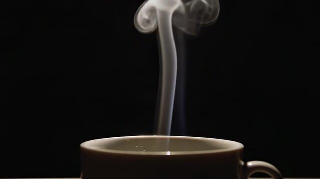 A white mug with steam rising in wisps against a black background coffee hot drink