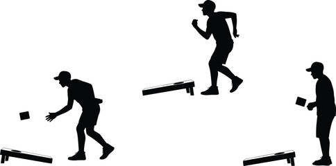 Silhouette cornhole players throwing bean bags, outdoor backyard game activity, sports recreation illustration, competitive tossing game set