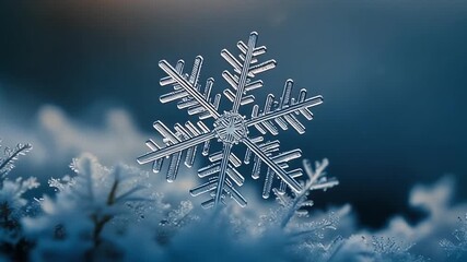 A detailed macro photograph of a natural ice crystal snowflake, showcasing its intricate hexagonal structure against a cold blue background - Powered by Adobe