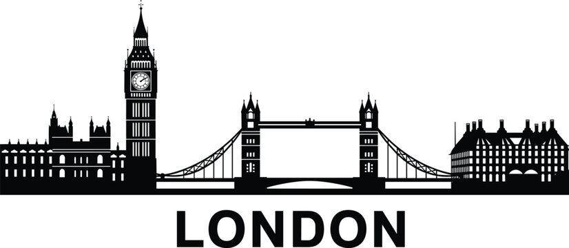 London city skyline silhouette featuring Big Ben, Tower Bridge, historic architecture, urban landmark design, black illustration isolated on clean white background