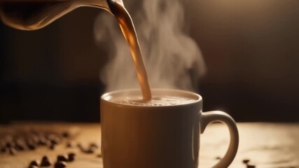 Coffee Pouring Aromatic Brew in a White Mug, Steaming and Ready to Enjoy with Beans Around