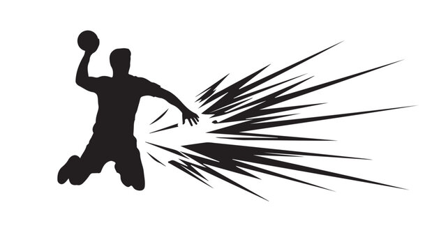 Dynamic handball player silhouette throwing ball with explosive speed and power, perfect for sports marketing, athletic branding, or vibrant action designs that grab attention