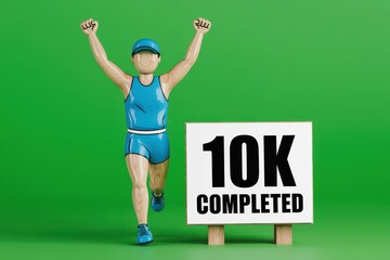 Victorious 3D runner character celebrating a 10K completed achievement on a green background