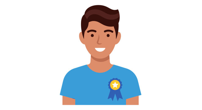 Smiling young man with a blue award ribbon badge isolated on