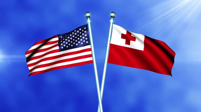 USA and Tonga Flag Waving On Pole Loop