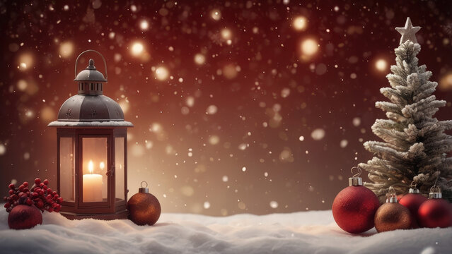 Warm Lantern and Frosted Christmas Tree on Snow with Falling Bokeh Lights