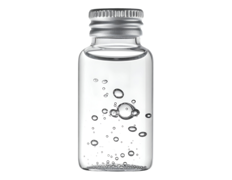 Clear glass vial bottle filled with cosmetic serum and air bubbles for skincare or lab use on isolated background