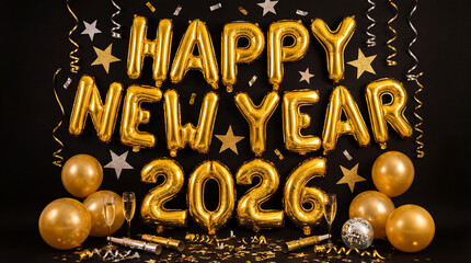 Golden Happy New Year 2026 balloons with party decor on black background