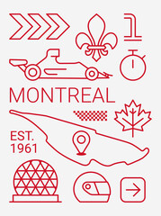 Fototapeta premium PrintSet of auto racing design elements Montreal, Canada. Linear style, vector illustration. Outline editable.