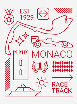 PrintSet of auto racing design elements Monaco. Linear style, vector illustration. Outline editable.