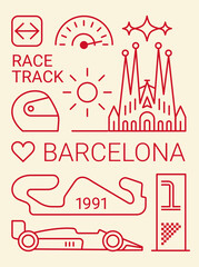 Naklejka premium PrintSet of auto racing design elements Barcelona, Spain. Linear style, vector illustration. Outline editable.