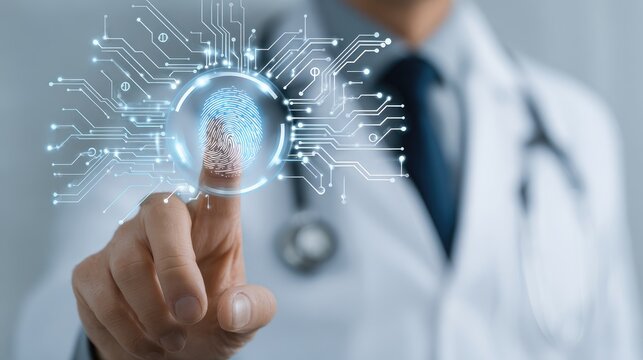 A doctor pointing at a digital fingerprint with electronic circuit design overlay and stethoscope