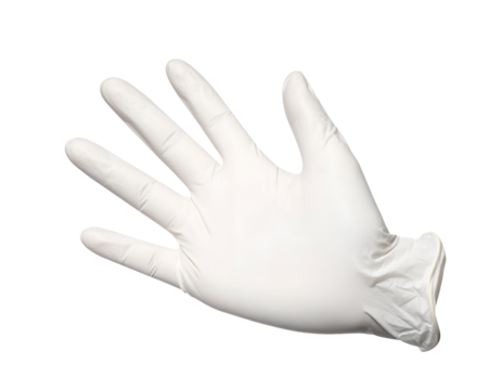White latex medical glove in open hand gesture symbolizing protection hygiene and healthcare on isolated background - Powered by Adobe
