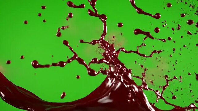 Dynamic blood burst on vibrant green screen, perfect for dramatic effects and intense scenes in film, games, or creative projects needing impact