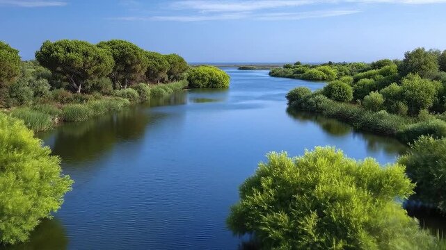 River bisects lush greenery reflecting the blue sky