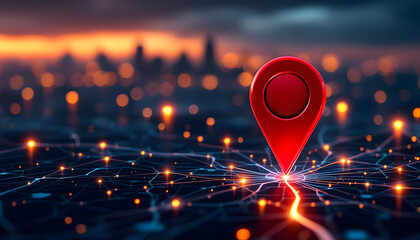 Red location marker on map over city background