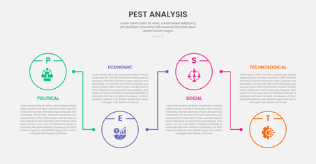 PEST analysis infographic outline style with circle line connection up and down 4 point template with for slide presentation
