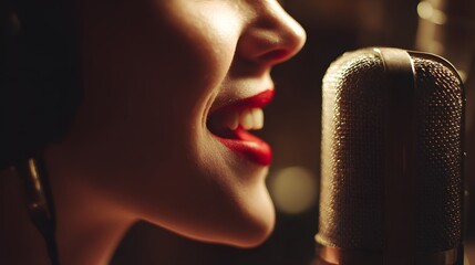 Close-up of a woman singing into a vintage microphone with red lipstick.