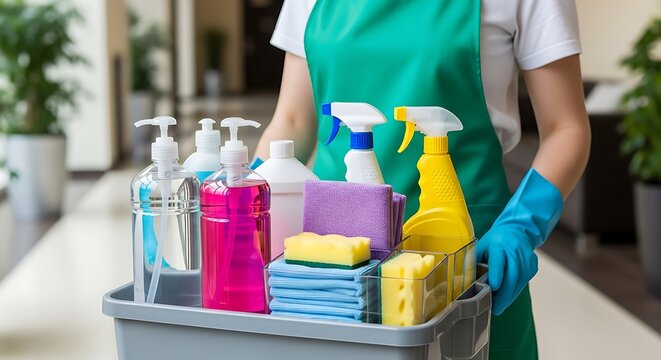 Cleaning service worker holding tray of sanitation tools. - Powered by Adobe