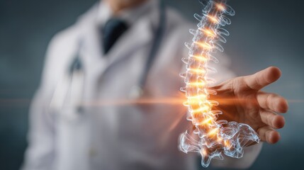 Doctor examining digital spine model with glowing spot indicating potential problem area