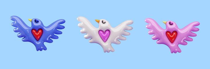 3D vector illustration - Colorful dove birds decorated with hearts, design element for Valentine's Day.