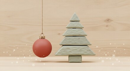 Minimalist Christmas decoration with wooden tree and red hanging ornament.