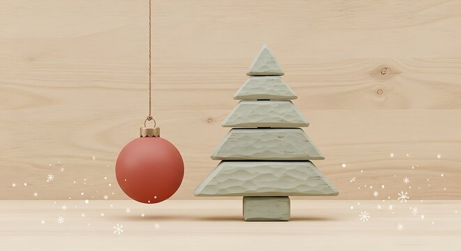 Minimalist Christmas decoration with wooden tree and red hanging ornament.
