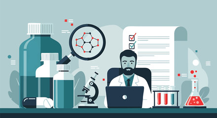 Scientist conducting medical research with laboratory equipment and analysis document showing a modern illustration of healthcare and medicine for scientific discovery advancements and solutions