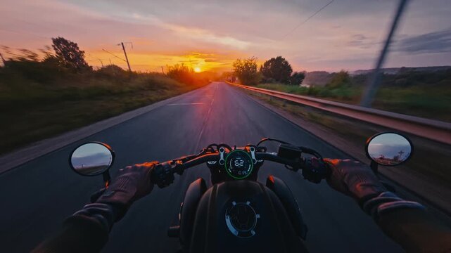 POV motorcycle ride on rural road with handlebars, dashboard and golden sun glare