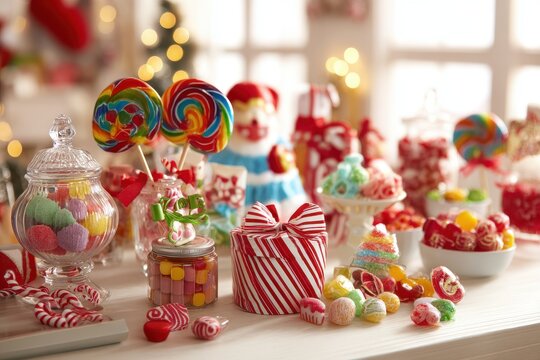 Brightly decorated table filled with themed holiday gift sets, vibrant toys, and assorted candies, soft, natural light enhances the joyful mood for children and parents