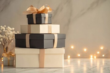 Elegant arrangement of seasonal gift boxes, soft ambient lighting, luxurious materials, and a minimalist backdrop, creating a sophisticated holiday shopping experience