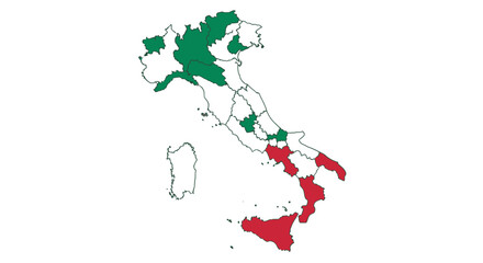 Map of Italy highlighting regions in green and red, showing geographical distribution.