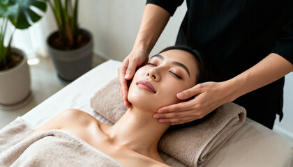 Relaxed young woman receiving facial massage in spa salon. Beauty treatment concept