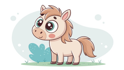 Naklejka premium Adorable cartoon pony with big eyes standing in a field of grass, a heartwarming illustration for children's books and playful designs, originally vector