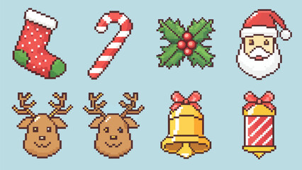 Festive pixel art Christmas icons create cheerful holiday spirit, perfect for retro design and nostalgic themes