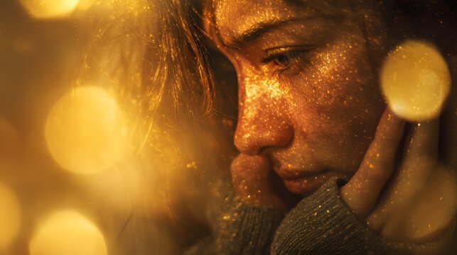 Close-up of a womans face with golden glitter and bokeh lights, creating a dreamy and ethereal atmosphere.