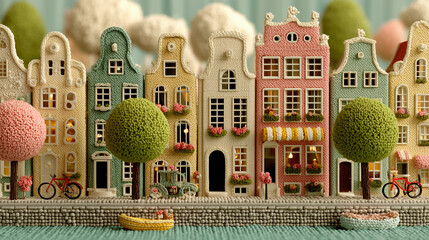 quaint small town scene, rustic brown and gray tones, tranquil water with a boat floating, depth of field effect,