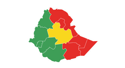 Map of Ethiopia with its regions color-coded in red, yellow, and green, suggesting different levels of status or risk.