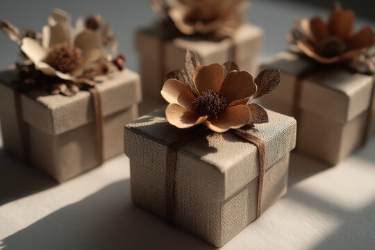 Rustic kraft paper gift boxes with minimalistic design and organic embellishments, beautifully staged in soft, diffused lighting that highlights their eco-friendly charm and promotes sustainability