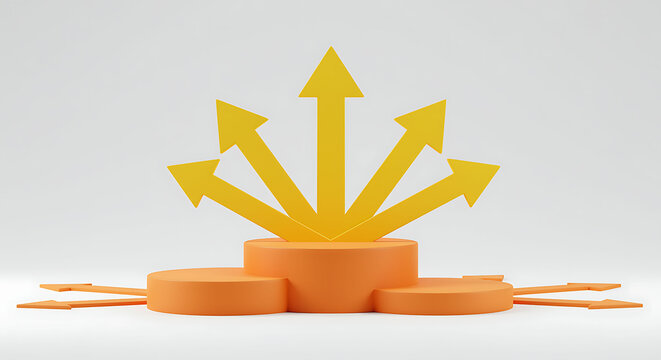 Arrows pointing up and out from a podium, 3D render direction growth success upward forward progress