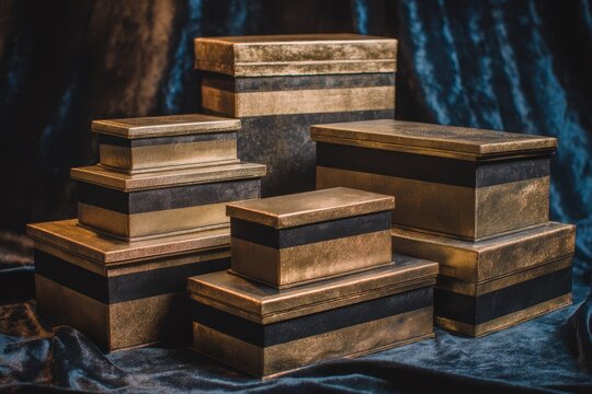Stylishly stacked black and gold gift boxes with glossy finishes, softly lit against a velvet backdrop, conveying exclusivity and opulence for VIP clients
