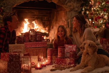 Family gathering around a beautifully arranged display of holiday gift baskets, featuring toys and treats, warm, inviting light and playful elements create a festive ambiance