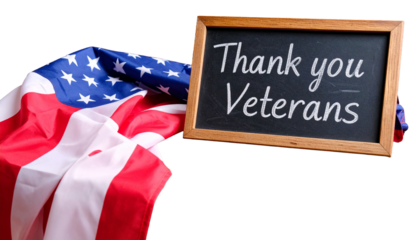Thank you veterans lettering style on a rustic wooden background with the american flag draped, symbolizing gratitude and respect for military service