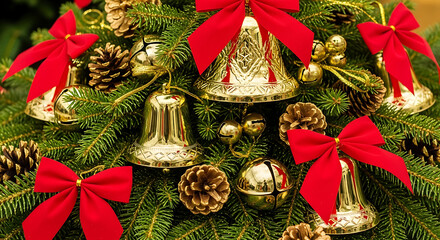 Holiday decorations feature golden bells, pinecones, and bright red ribbons on a festive evergreen arrangement in a cheerful setting