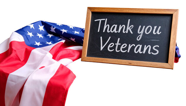 Thank you veterans lettering style on a rustic wooden background with the american flag draped, symbolizing gratitude and respect for military service