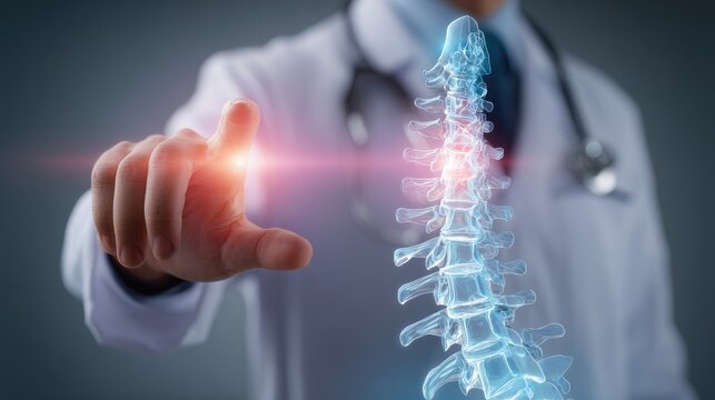Doctor examining digital spine model with glowing spot indicating potential problem area - Powered by Adobe