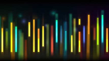 Glowing colorful vertical bars on a dark background represent a digital audio spectrum. Energetic and futuristic mood. Ideal for music visuals, tech backgrounds, or party flyers.