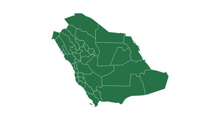 A green political map of Saudi Arabia showing its administrative regions and provinces on a white background.