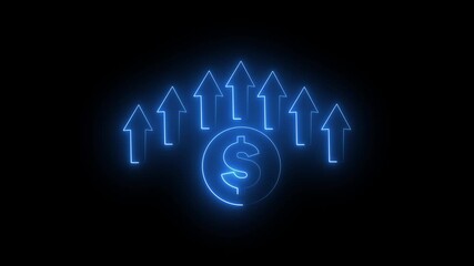 Glowing neon blue dollar sign with up direction icons and animated bar chart for business profit and success on black background - Powered by Adobe