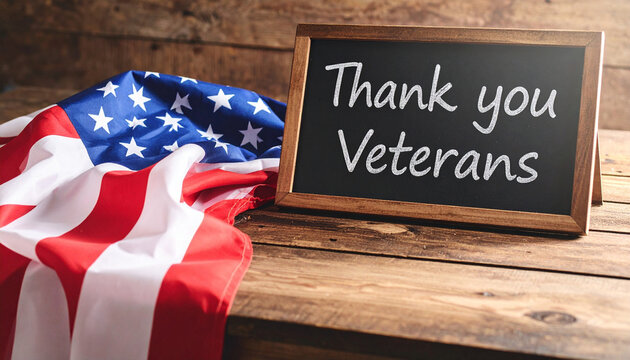 Thank you veterans lettering style on a rustic wooden background with the american flag draped, symbolizing gratitude and respect for military service